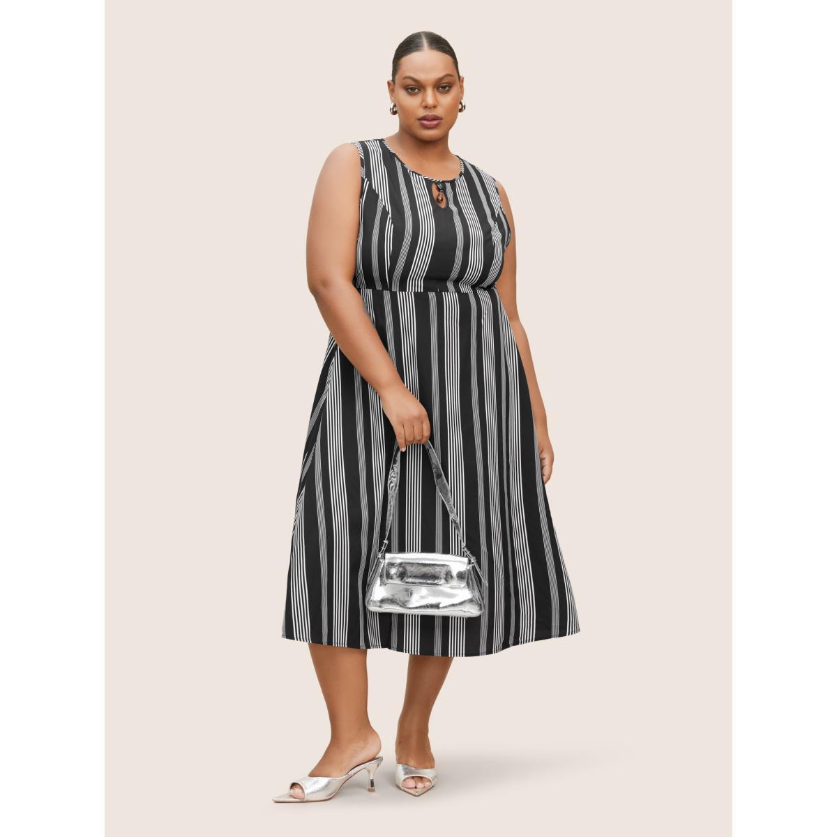 Plus Size Striped Round Neck Sleeveless Dress Black Women At the Office Non Round Neck Sleeveless Curvy BloomChic 10/M Product Image