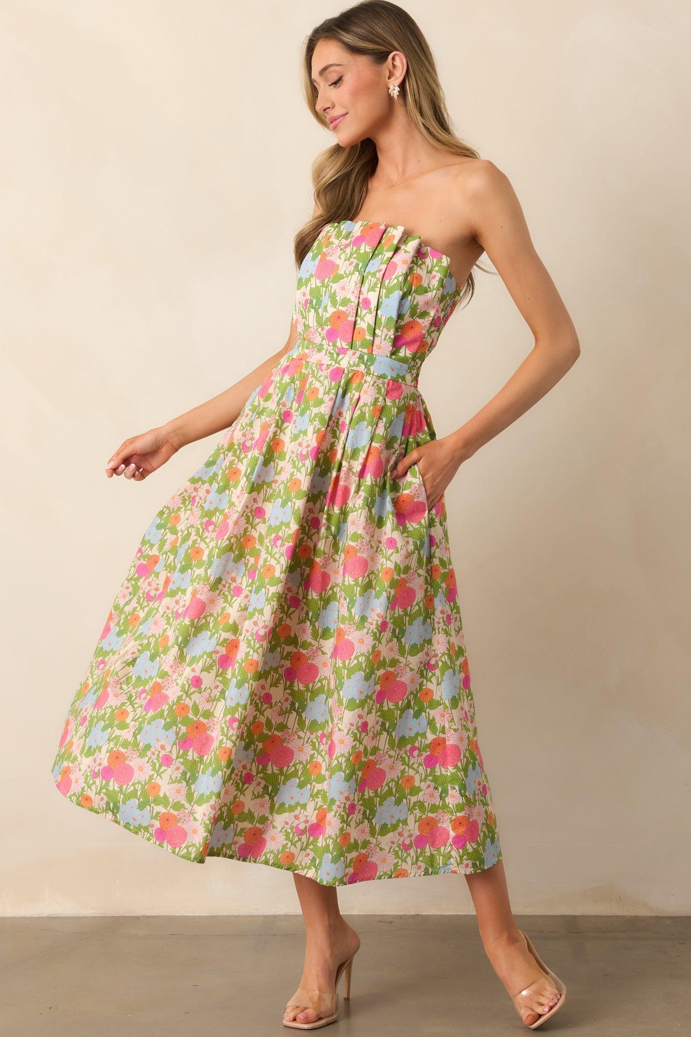 The Genevieve Green Multi Floral Cotton Strapless Midi Dress Product Image