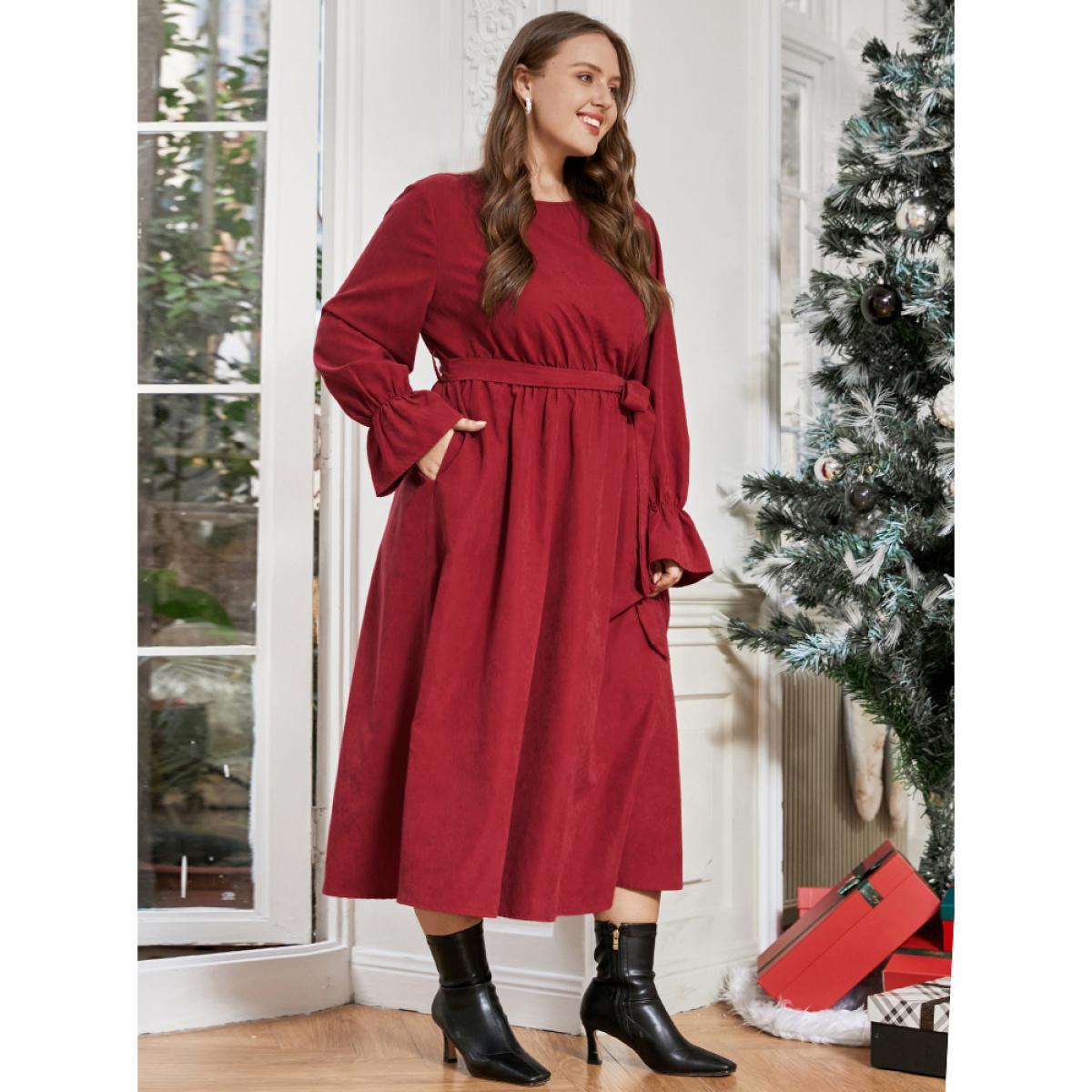 Plus Size Solid Round Neck Pocket Belted Lantern Sleeve Dress Scarlet Women Dating Round Neck Long Sleeve Curvy Midi Dress BloomChic 22-24/3X Product Image