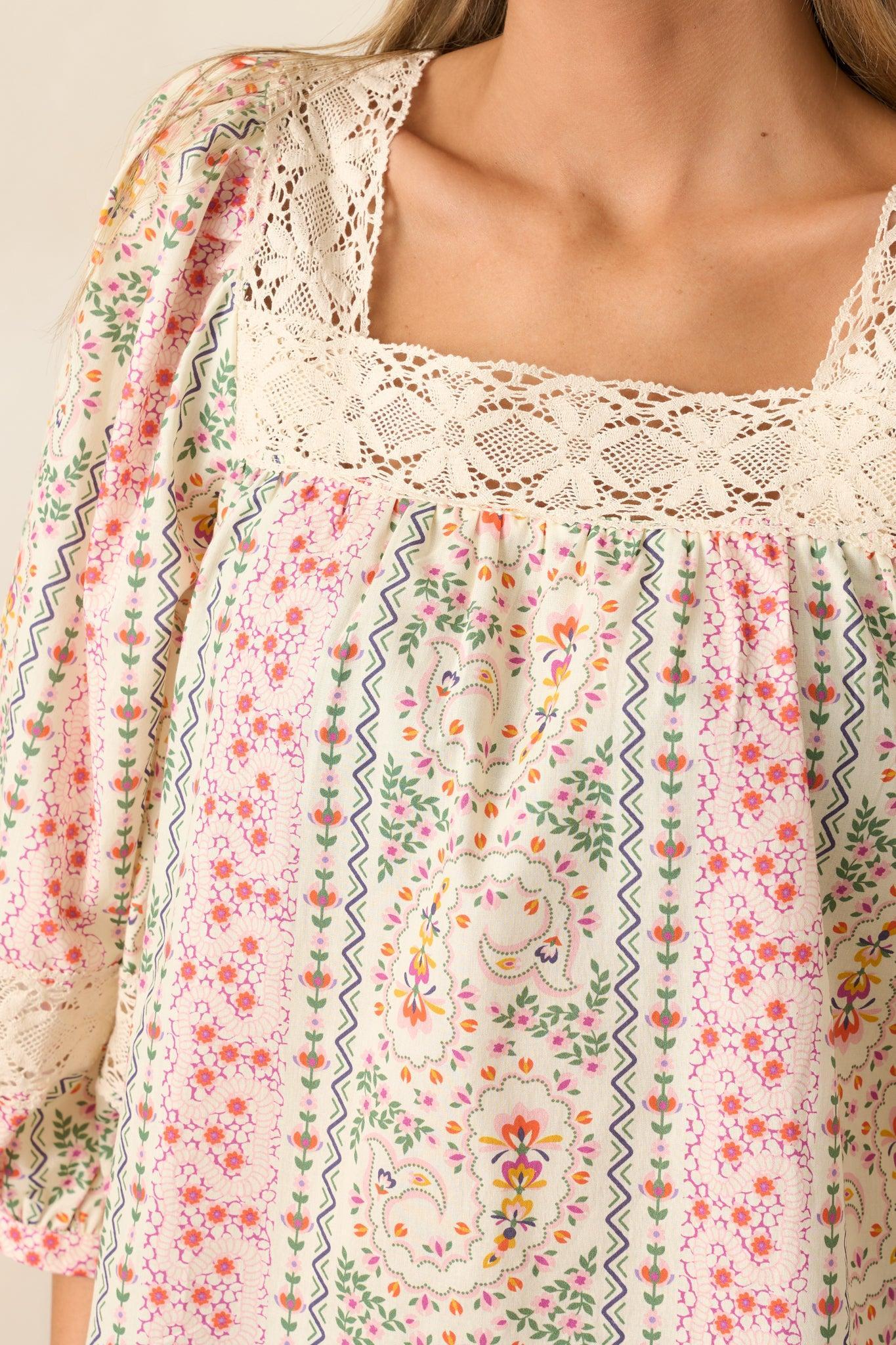 Island Of Flowers Green Cotton Floral Lace Blouse Product Image