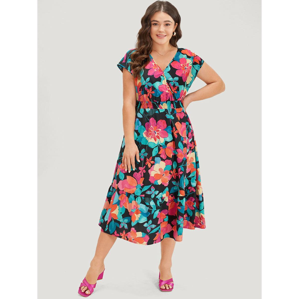 Plus Size Floral Shirred Overlap Collar Batwing Sleeve Dress Black Women Elegant Wrap V-neck Cap Sleeve Curvy Midi Dress BloomChic 22-24/3X Product Image
