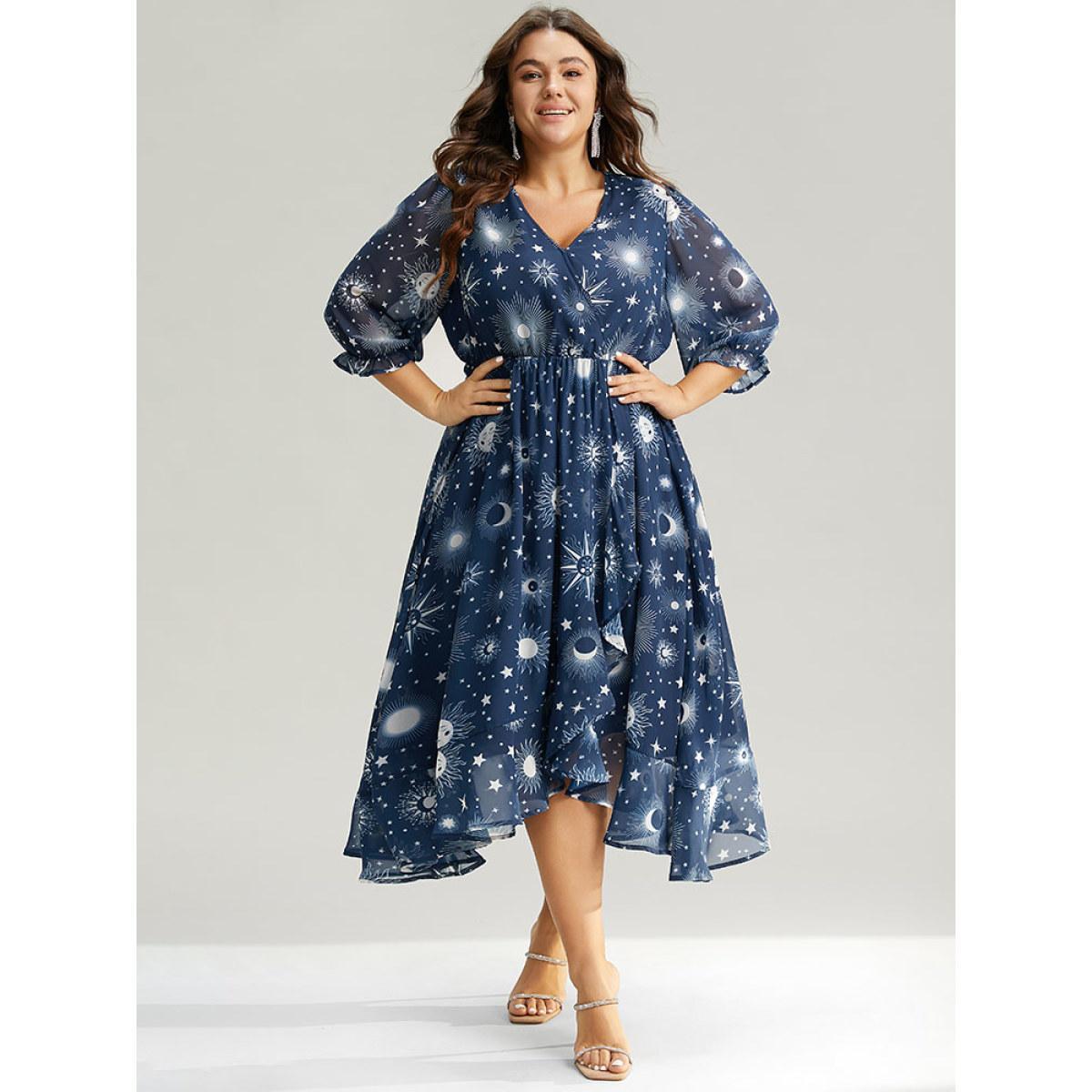 Plus Size Christmas Moon & Star Ruffles Mesh Wrap Dress Cyan Women Party Wrap Overlap Collar Elbow-length sleeve Curvy Midi Dress BloomChic 18-20/2X Product Image