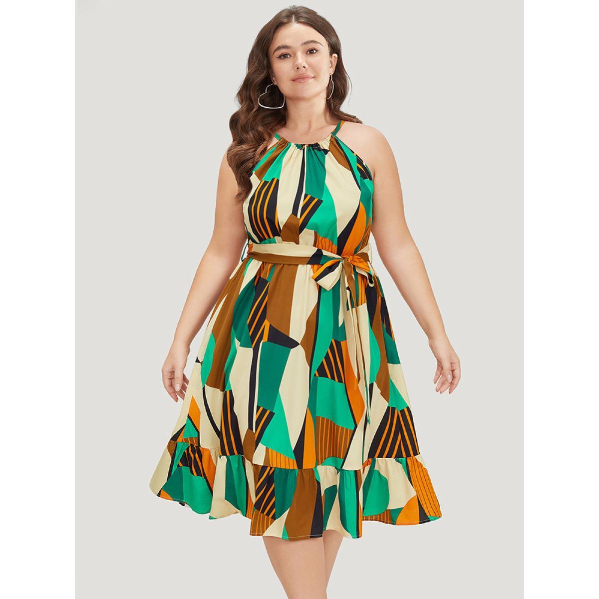 Plus Size Geometric Contrast Keyhole Knot Pocket Belt Halter Dress Multicolor Women Elegant Non Halter neck Sleeveless Curvy Midi Dress BloomChic 12/L Product Image