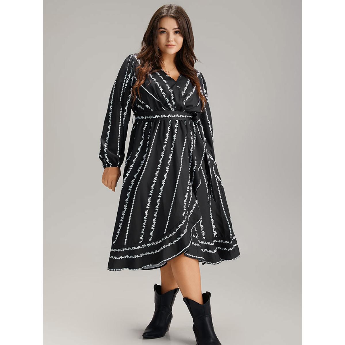 Plus Size Boho Print Striped Belted Wrap Pocket Dress Black Women Vacation Belted V-neck Long Sleeve Curvy Midi Dress BloomChic 12/L Product Image