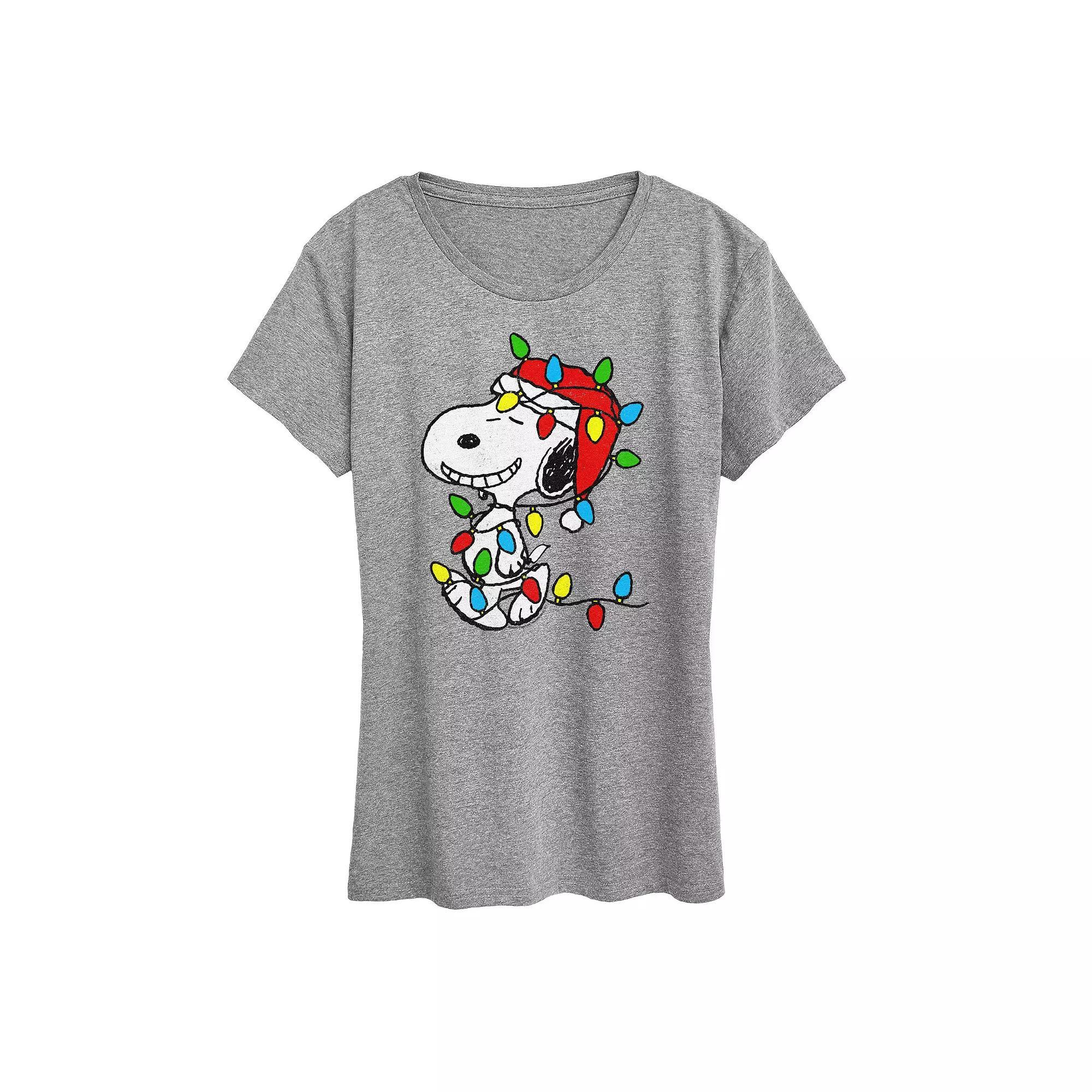 Women's Peanuts Snoopy Christmas Lights Graphic Tee, Size: Large, Grey Green Product Image