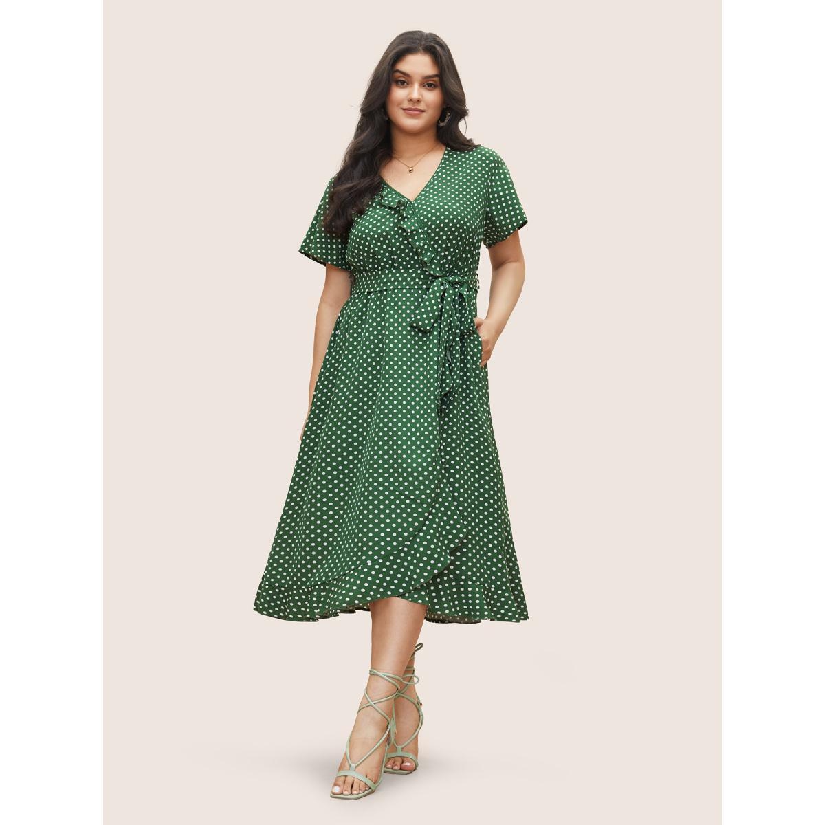 Plus Size Polka Dot Flutter Trim Belted Overlap Collar Dress Green Women Elegant Non Overlap Collar Short sleeve Curvy Midi Dress BloomChic 22-24/3X Product Image