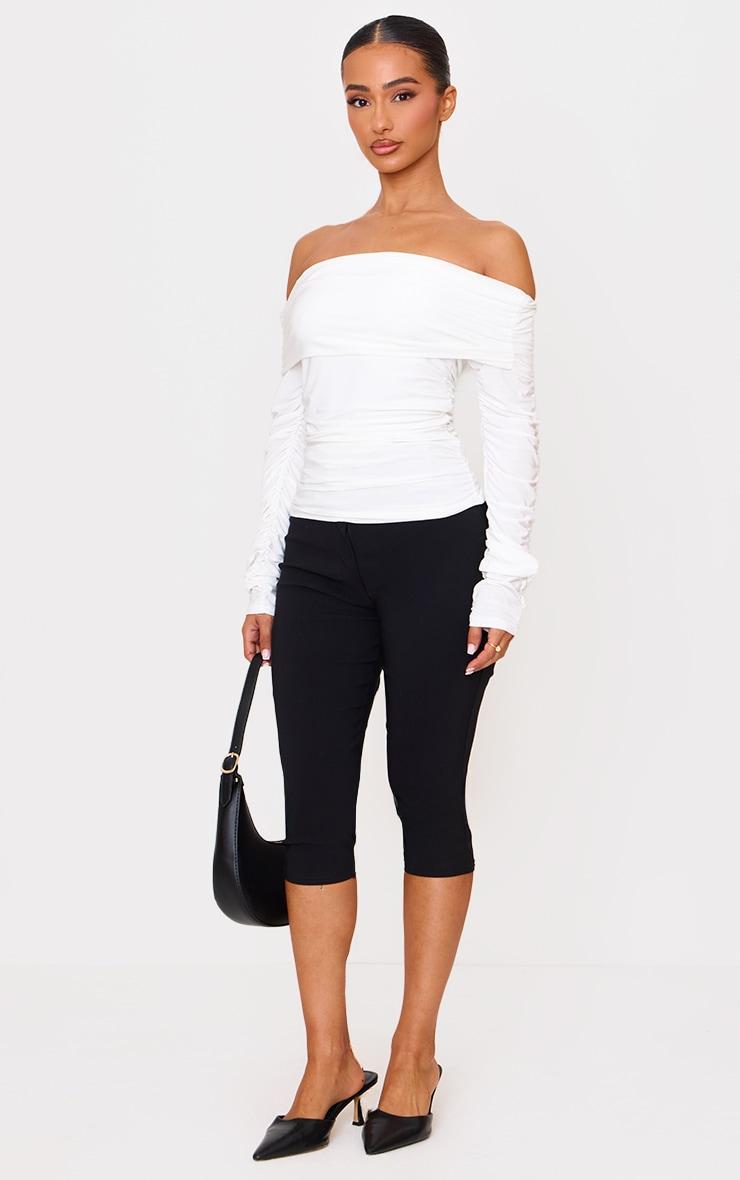Petite Cream Double Slinky Asymmetric Bardot Long Sleeve Top Product Image