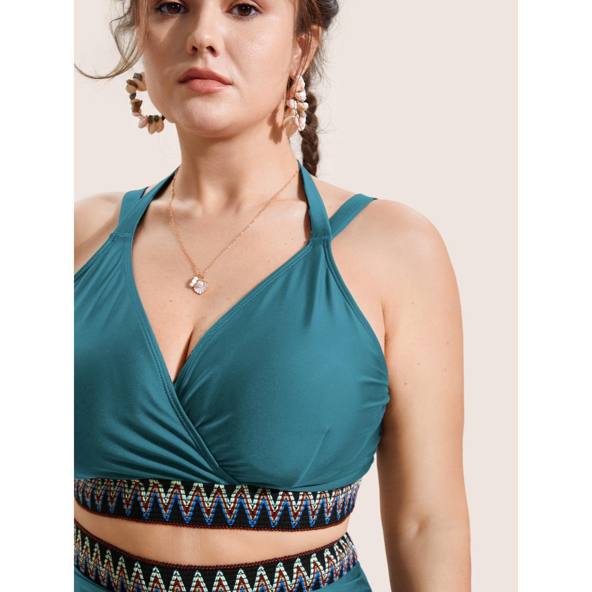 Plus Size Embroidered Wrap Tie Knot Swim Top Women's Swimwear Teal Beach Woven ribbon&lace trim High stretch Skinny Overlap Collar Curve Swim Tops BloomChic 10/M Product Image