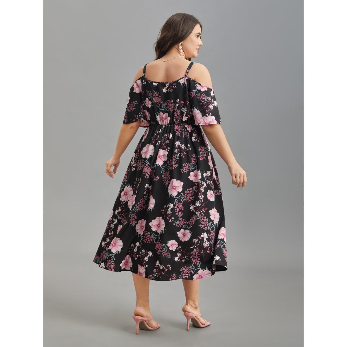 Plus Size Floral Print Cold-Shoulder Pockets Midi Dress Black Women Elegant Non Heart neckline Short sleeve Curvy BloomChic 12/L Product Image