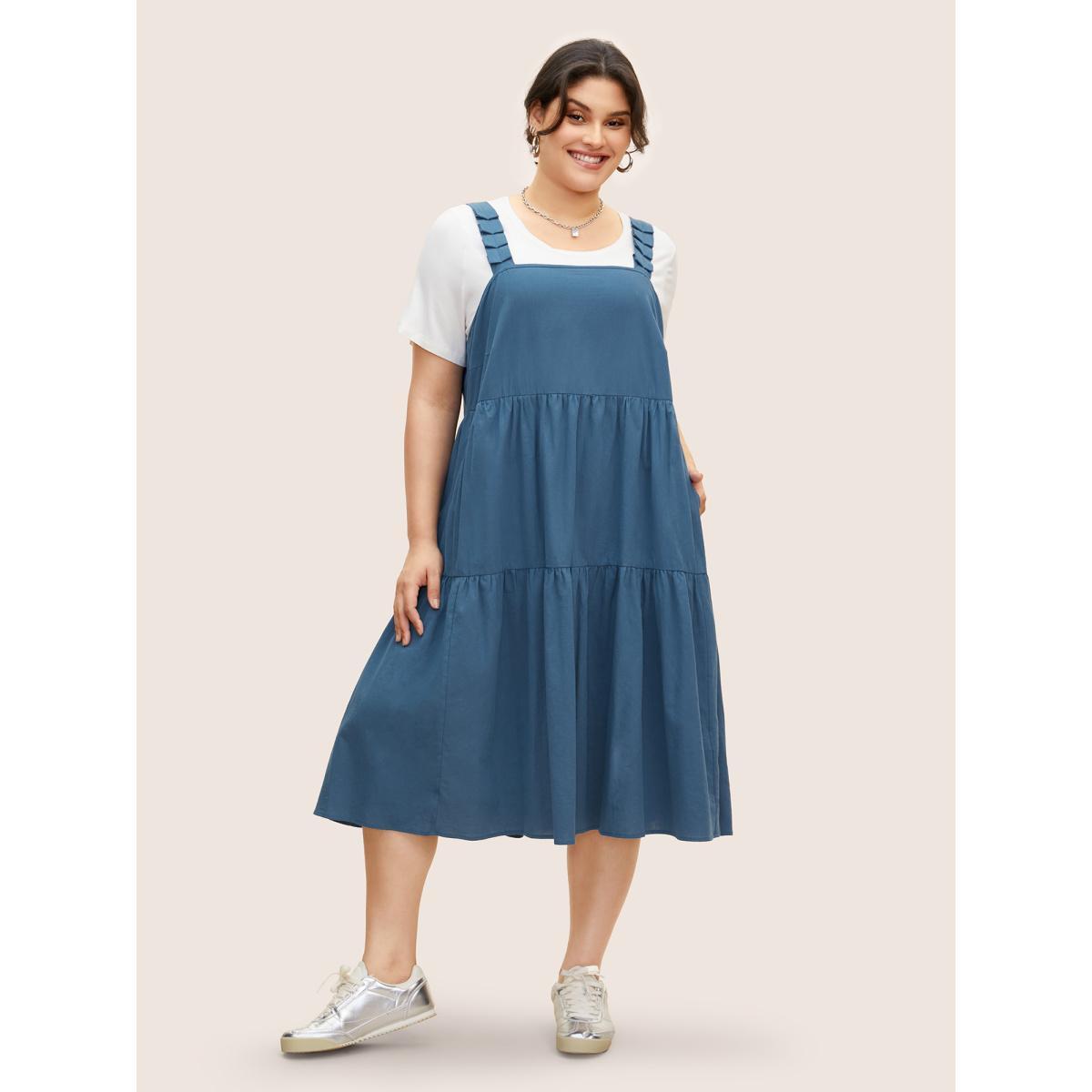 Plus Size Solid Pleated Ruffle Layered Hem Midi Dress Mediumblue Women Casual Gathered Square Neck Sleeveless Curvy BloomChic 18-20/2X Product Image