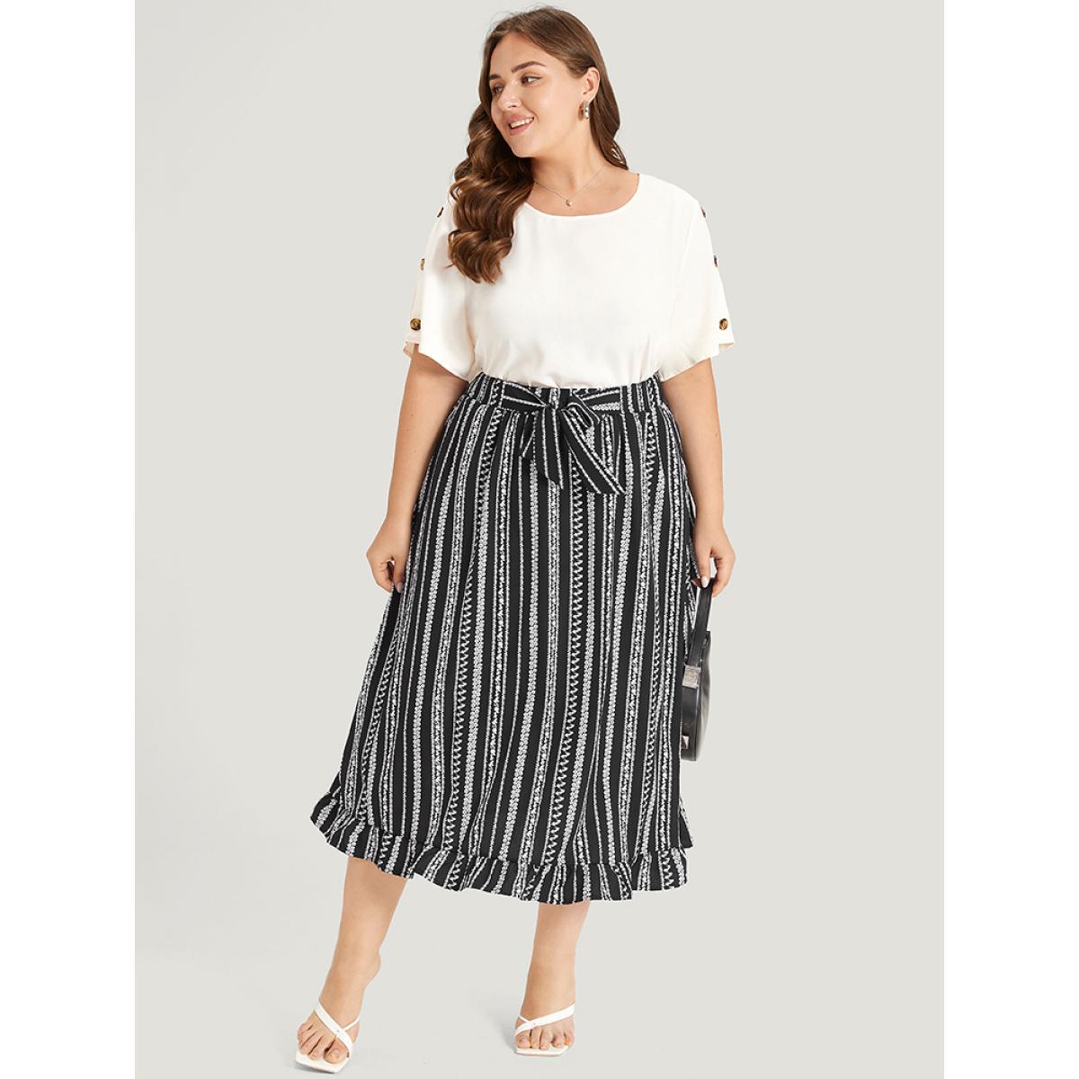 Plus Size Striped Bowknot Pocket Ruffle Trim Skirt Women Black Office Cross straps No stretch Pocket Work Skirts BloomChic 28/5X Product Image