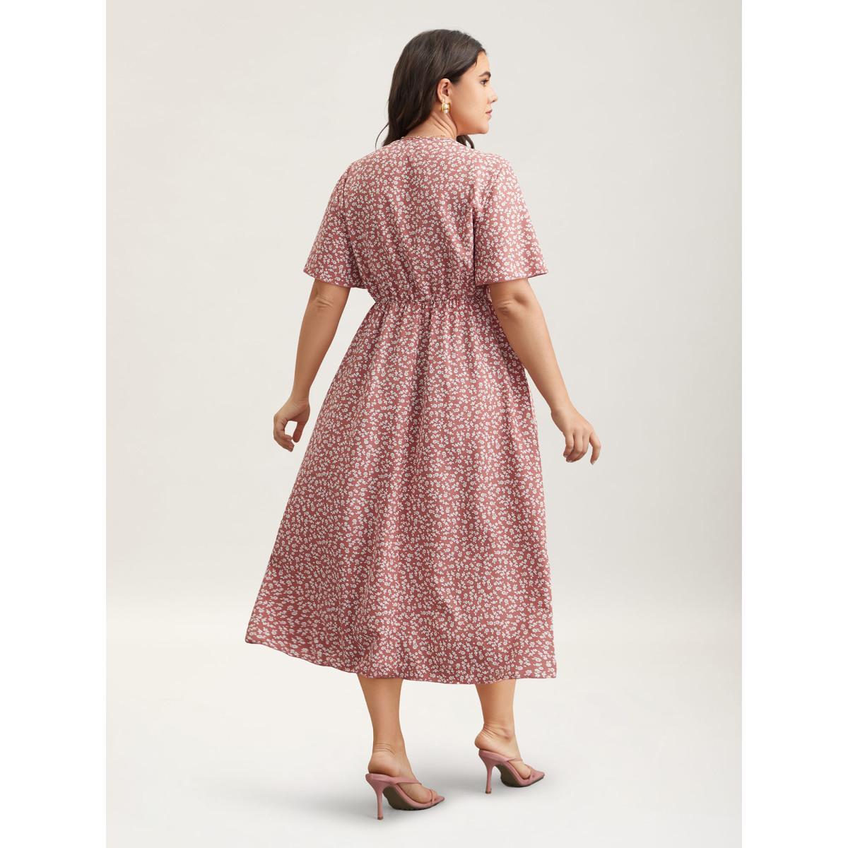 Plus Size Ditsy Floral Print Stretchy-Waist Ruffle Midi Dress DustyPink Women Elegant Overlapping Overlap Collar Short sleeve Curvy BloomChic 18-20/2X Product Image