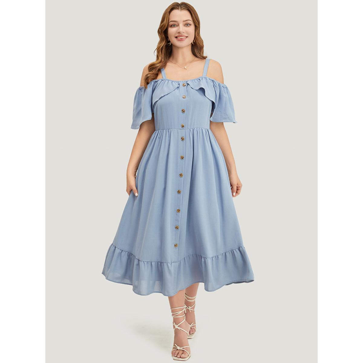 Plus Size Plain Ruffle Trim Pocket Cold Shoulder Button Detail Dress Stone Women Vacation Adjustable Straps One-shoulder neck Short sleeve Curvy Midi Dress BloomChic 10/M Product Image