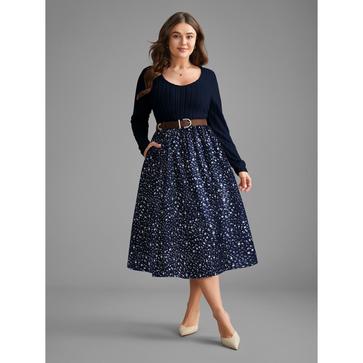 Plus Size Ditsy Floral Patchwork Texture Midi Dress Indigo Women Elegant Texture V-neck Long Sleeve Curvy BloomChic 14-16/1X Product Image