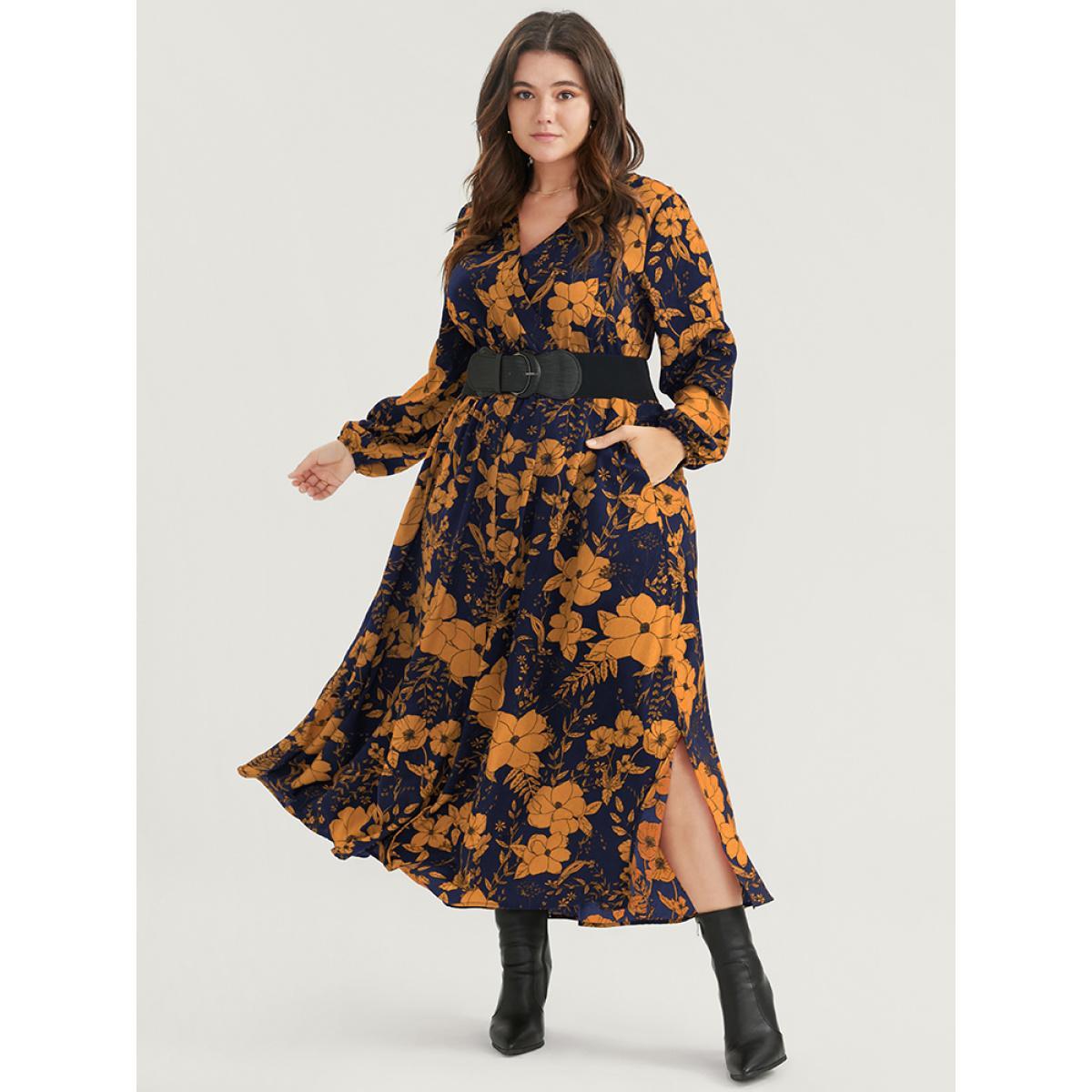 Plus Size Floral Print Pocket Wrap Lantern Sleeve Split Hem Dress Yellow Women Elegant Pocket V-neck Long Sleeve Curvy Midi Dress BloomChic 22-24/3X Product Image