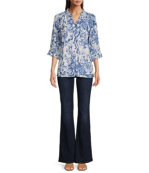 Calessa Porcelain Floral Mesh Ruffled Split V-Neck Long Sleeve Button Front Blouse Product Image