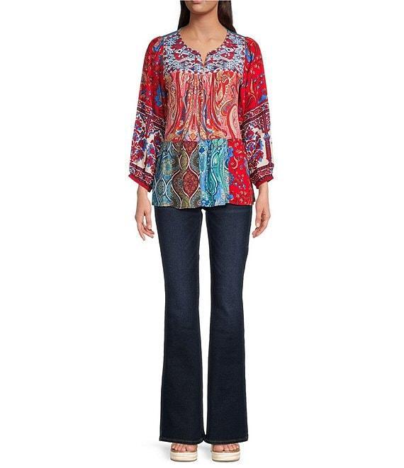 Calessa Petite Size Embroidered Printed Split V-Neck 3/4 Sleeve Tunic Product Image