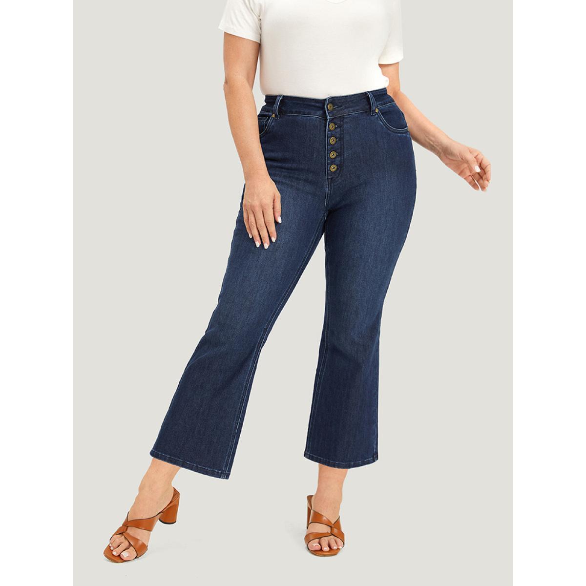Plus Size Plain Button Fly High Rise Bootcut Jeans Women DarkBlue Casual Plain Plain Medium stretch Pocket Jeans BloomChic 22/3X Product Image