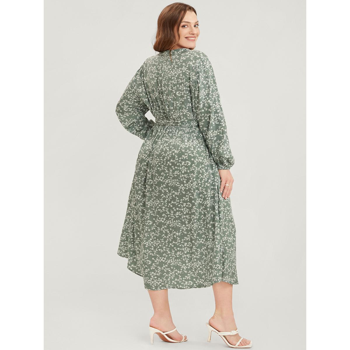 Plus Size Ditsy Floral Lantern Sleeve Pocket Button Through Belted Midi Dress Sage Women Elegant Button V-neck Long Sleeve Curvy Midi Dress BloomChic 30/6X Product Image