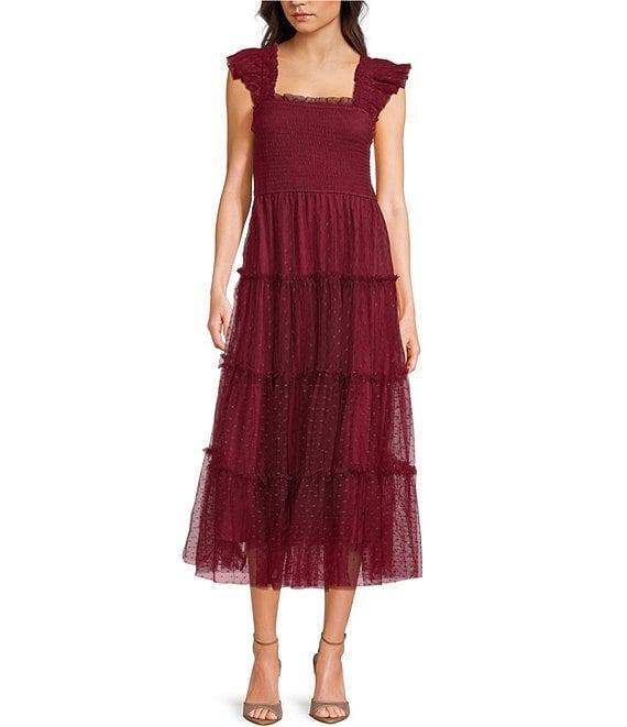 Blu Pepper Lace Polka Dot Square Neck Sleeveless Tiered Midi Dress Product Image