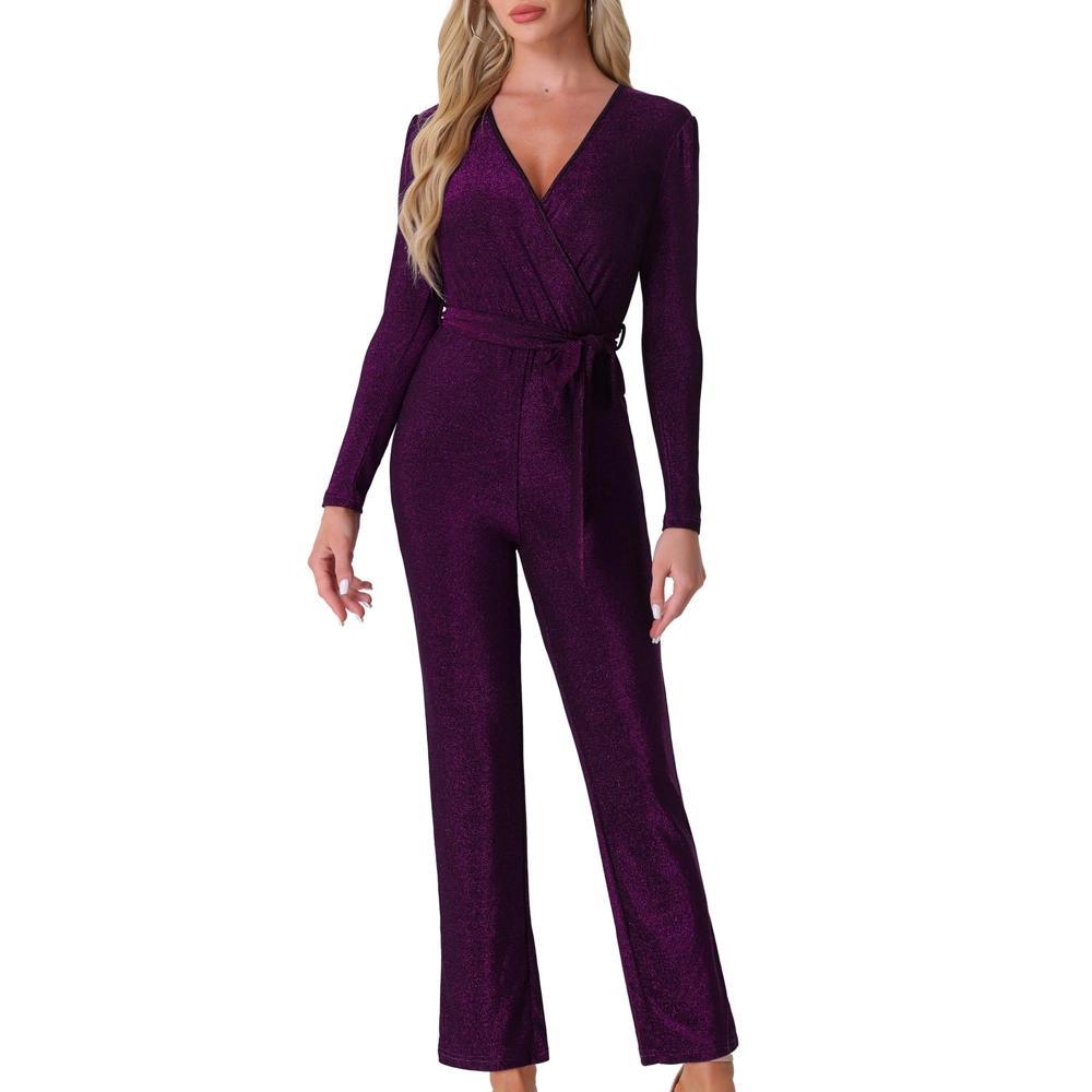 Allegra K Women's Sparkly V Neck Long Sleeve Belt Night Party Clubwear Giltter Jumpsuits Product Image