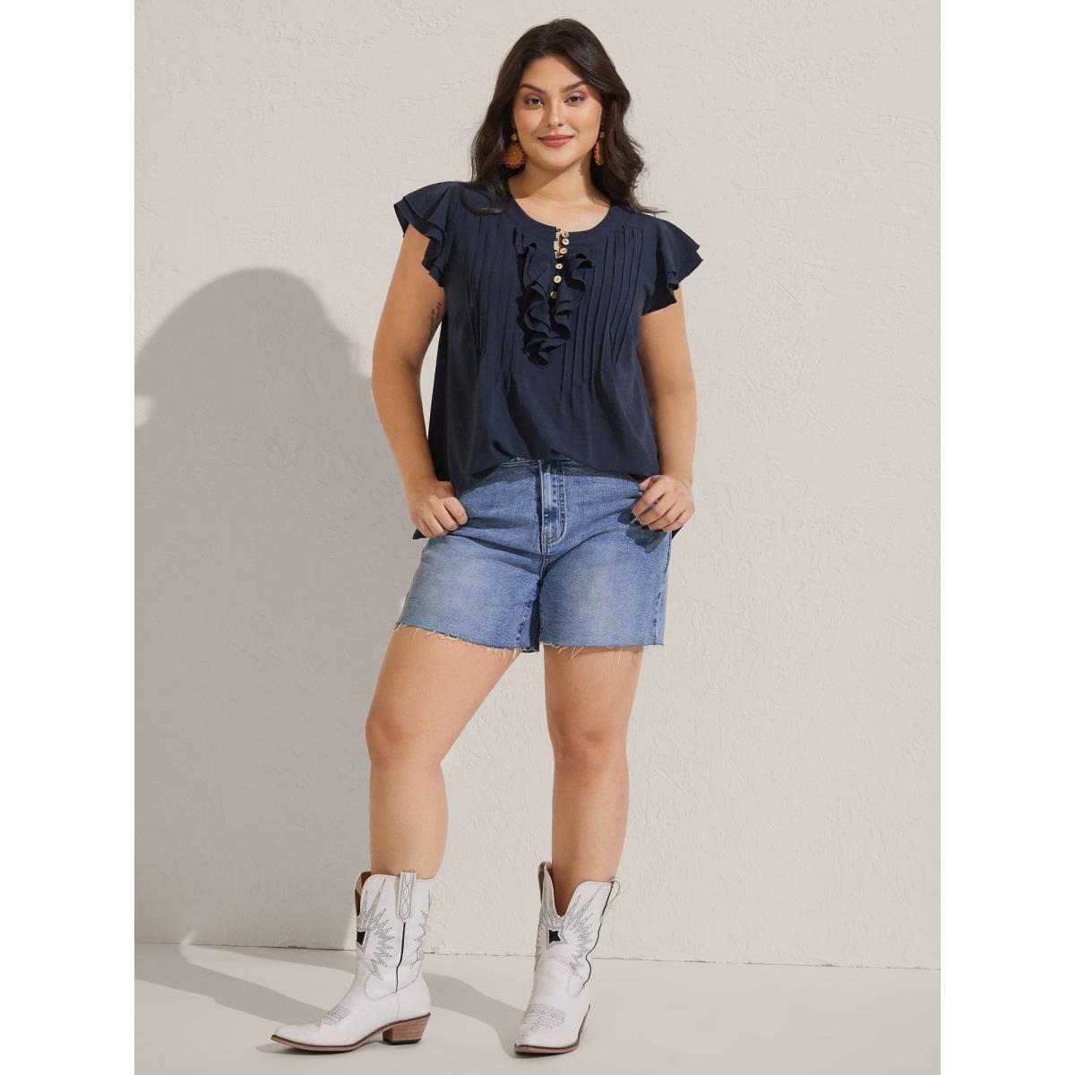 Plus Size Midnight Solid Ruffle Trim Toothpick Pleat Blouse Women Cap Sleeve Round Neck Vacation Blouses BloomChic 22-24/3X Product Image