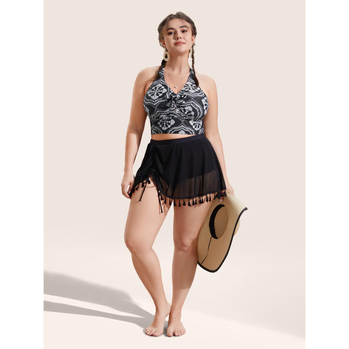 Plus Size Bandana Print Bowknot Adjustable Straps Swim Top Women's Swimwear Black Beach Tie knot High stretch Skinny V-neck Curve Swim Tops BloomChic 30/6X Product Image