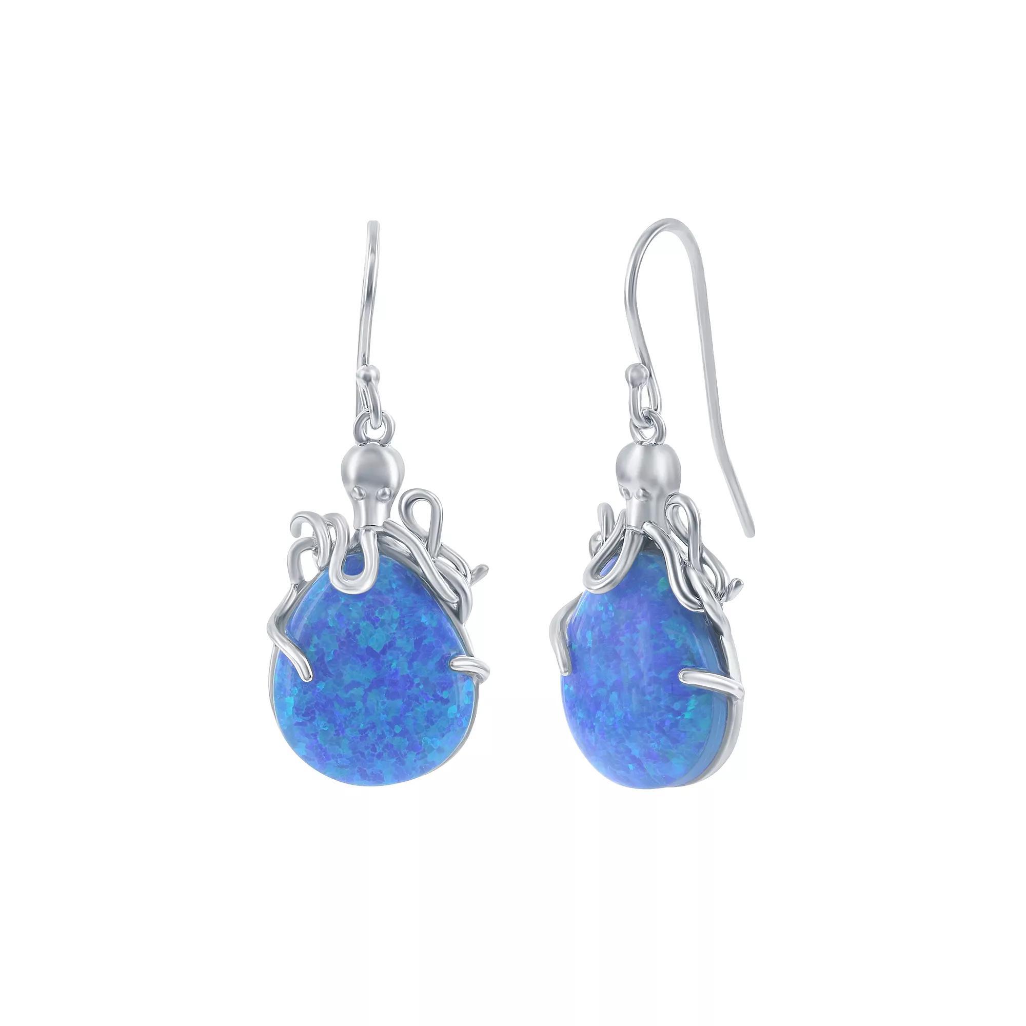 Sterling Silver Lab-Created Blue Opal Octopus Earrings, Women's Product Image