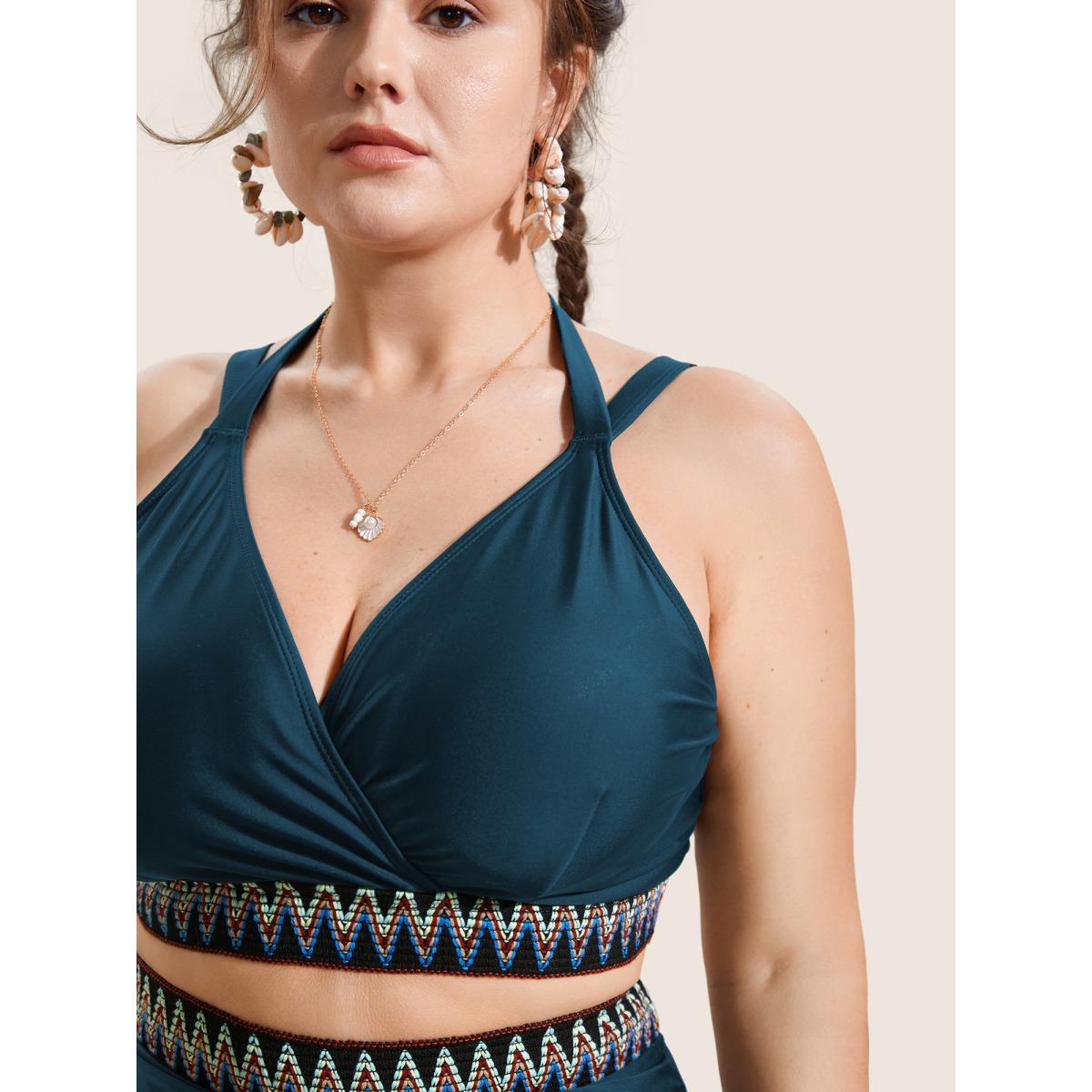 Plus Size Embroidered Wrap Tie Knot Swim Top Women's Swimwear Cyan Beach Woven ribbon&lace trim High stretch Skinny Overlap Collar Curve Swim Tops BloomChic 10/M Product Image