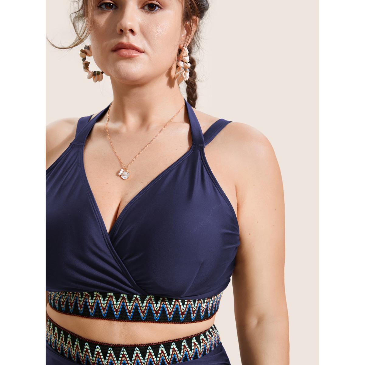 Plus Size Embroidered Wrap Tie Knot Swim Top Women's Swimwear Indigo Beach Woven ribbon&lace trim High stretch Skinny Overlap Collar Curve Swim Tops BloomChic 10/M Product Image