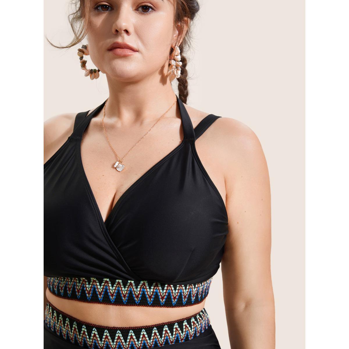 Plus Size Embroidered Wrap Tie Knot Swim Top Women's Swimwear Black Beach Woven ribbon&lace trim High stretch Skinny Overlap Collar Curve Swim Tops BloomChic 12/L Product Image