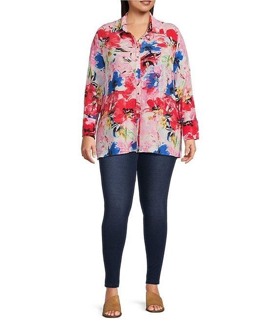 Calessa Plus Size Antique Floral Print Textured Crinkle Point Collar Long Sleeve Button Front Tunic Product Image