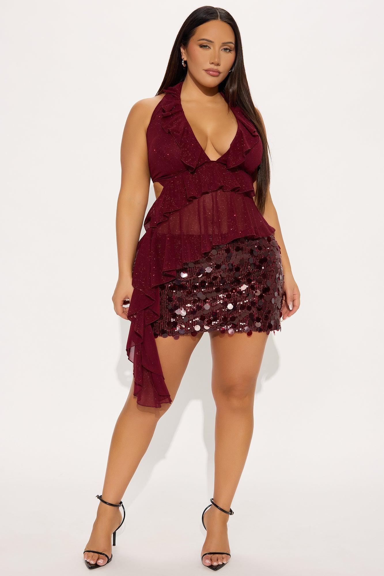 Carlita Glitter Mesh Halter Top - Burgundy Female Product Image
