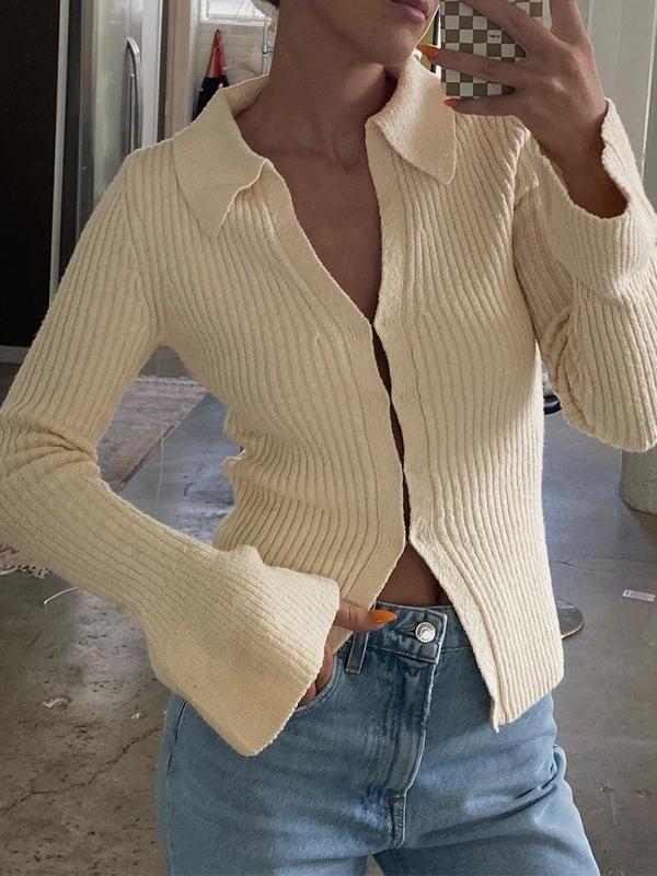Solid Color Ribbed Flare Design Long Sleeve Shirt Product Image