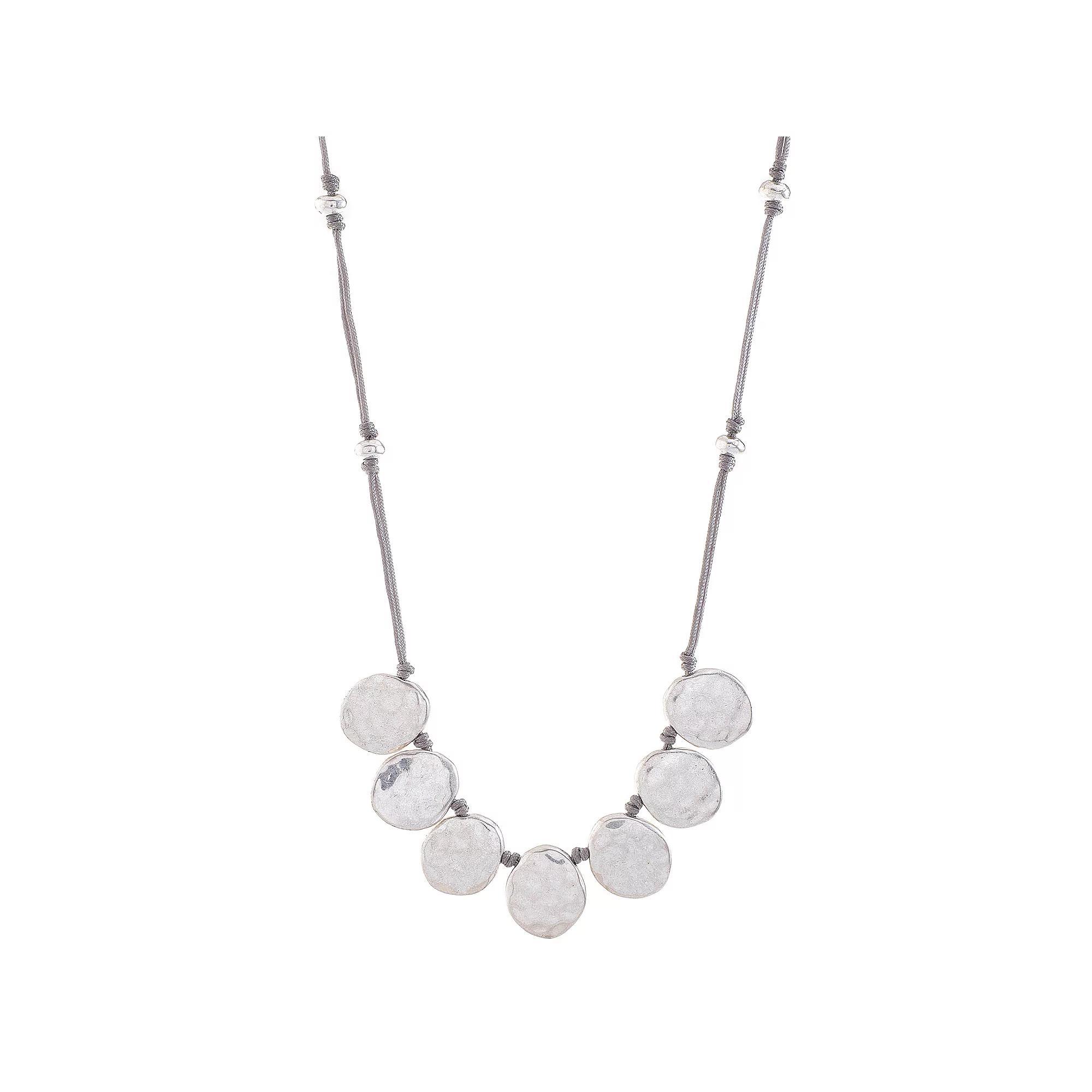 Bella Uno Worn Silver Metal Disc Corded Frontal Necklace, Women's, Size: 18+3", Silver Tone Product Image