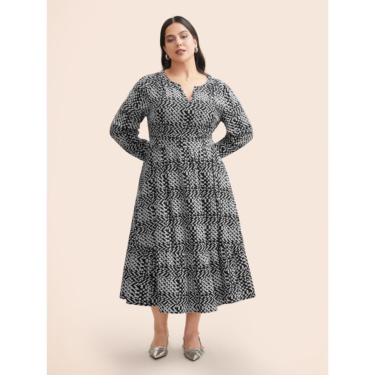 Plus Size Geometric Notched Lantern Sleeve Midi Dress BlackFlower Women At the Office Shirred Flat collar with V-notch Long Sleeve Curvy BloomChic 12/L Product Image