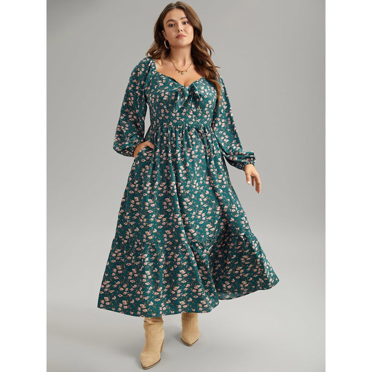 Plus Size Ditsy Floral Square Neck Elastic Waist Ties Dress Teal Women Vacation Elastic cuffs Square Neck Long Sleeve Curvy Midi Dress BloomChic 22-24/3X Product Image
