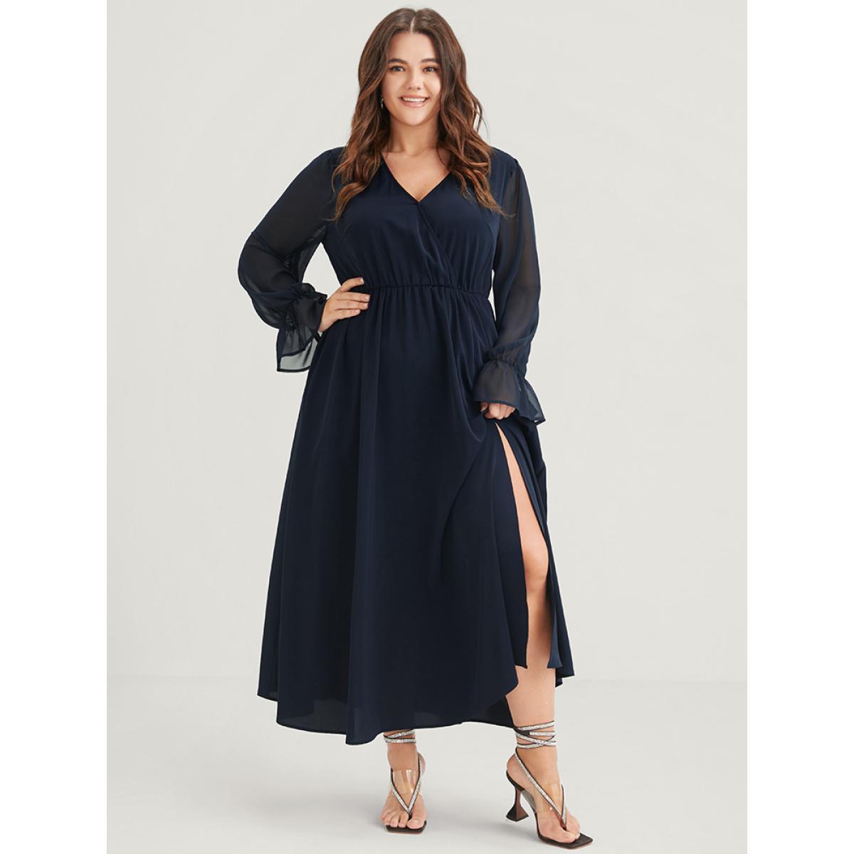 Plus Size Solid Button Split Pocket Wrap Lantern Sleeve Ruffles Hem Dress DarkBlue Women Casual Wrap V-neck Long Sleeve Curvy Midi Dress BloomChic 28/5X Product Image