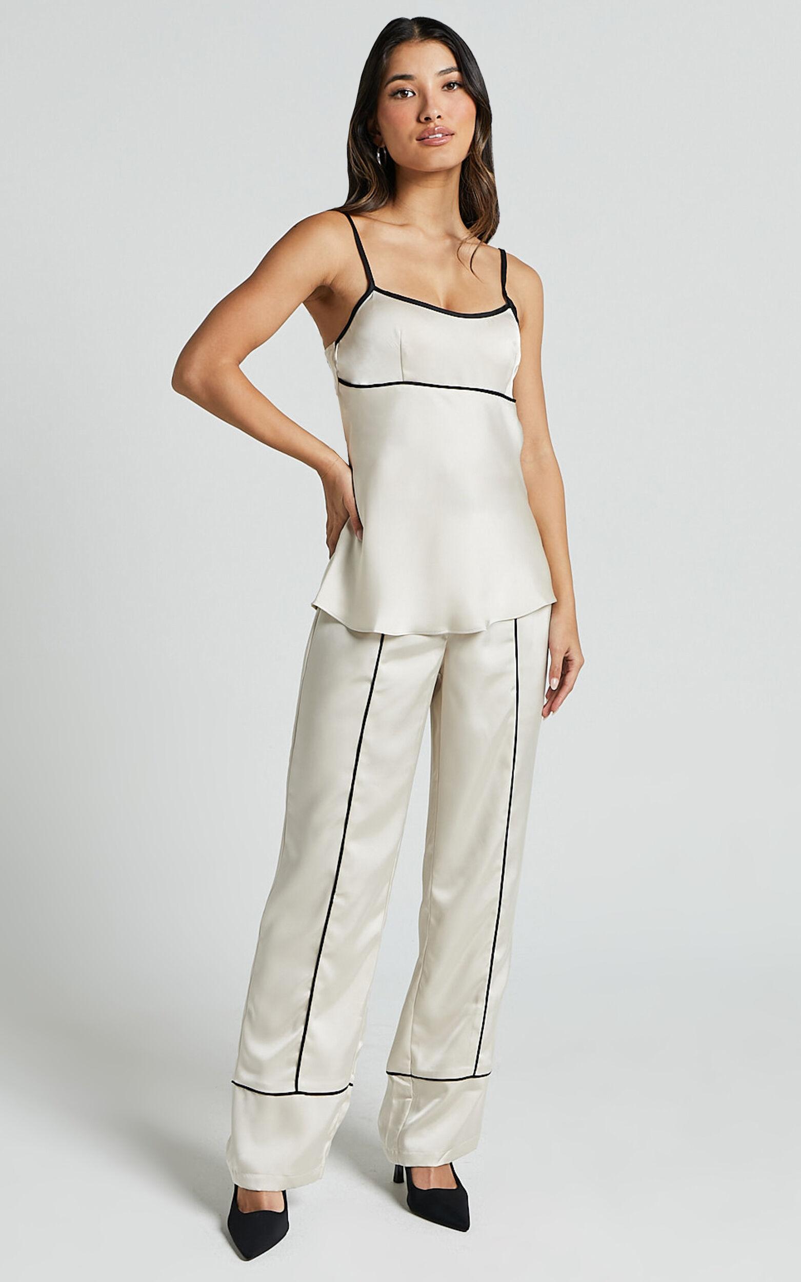 Bobbie Top - Contrast Piping Detail Satin Top in Oyster Product Image