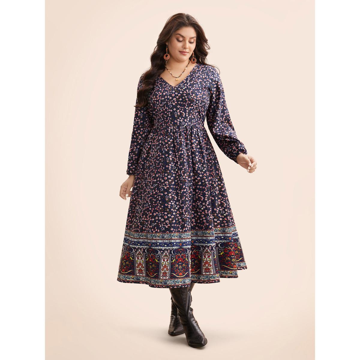 Plus Size Boho Print Lantern Sleeve Midi Dress DarkBlue Women Resort Non V-neck Long Sleeve Curvy BloomChic 30/6X Product Image