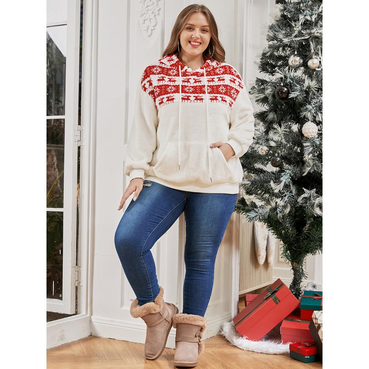 Plus Size Elk & Snowflake Print Pocket Drawstring Hooded Sweatshirt Women Multicolor Casual Patchwork Hooded Dailywear Sweatshirts BloomChic 26/4X Product Image