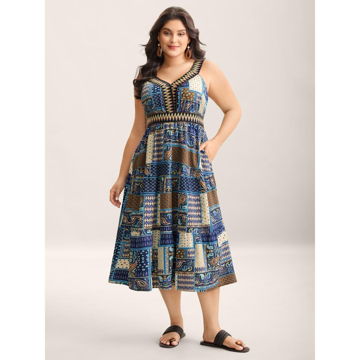 Plus Size Boho Print Webbed Neck Midi Dress Navy Women V-neck Sleeveless Curvy BloomChic 22-24/3X Product Image