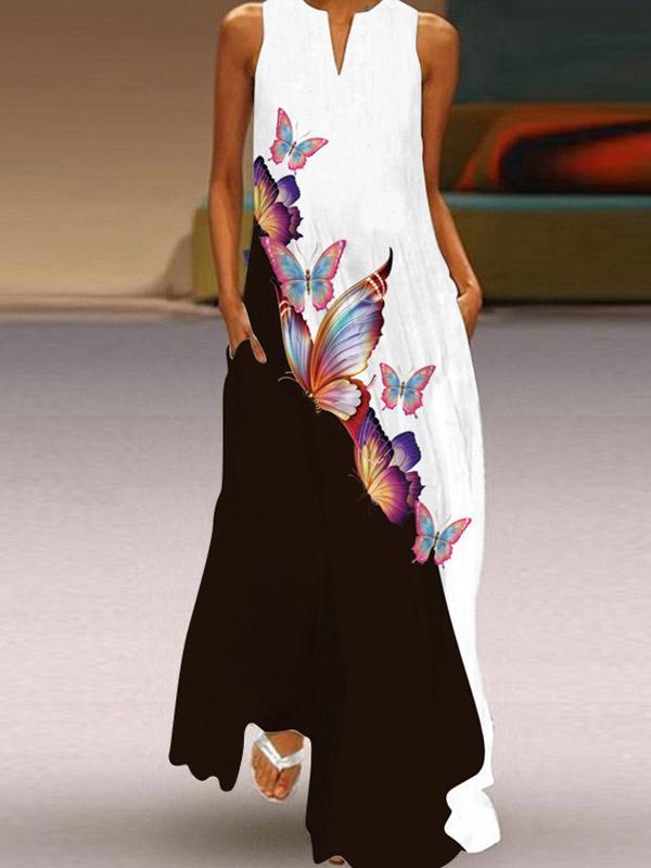 A-Line Loose Butterfly Print Round-Neck Maxi Dresses Product Image