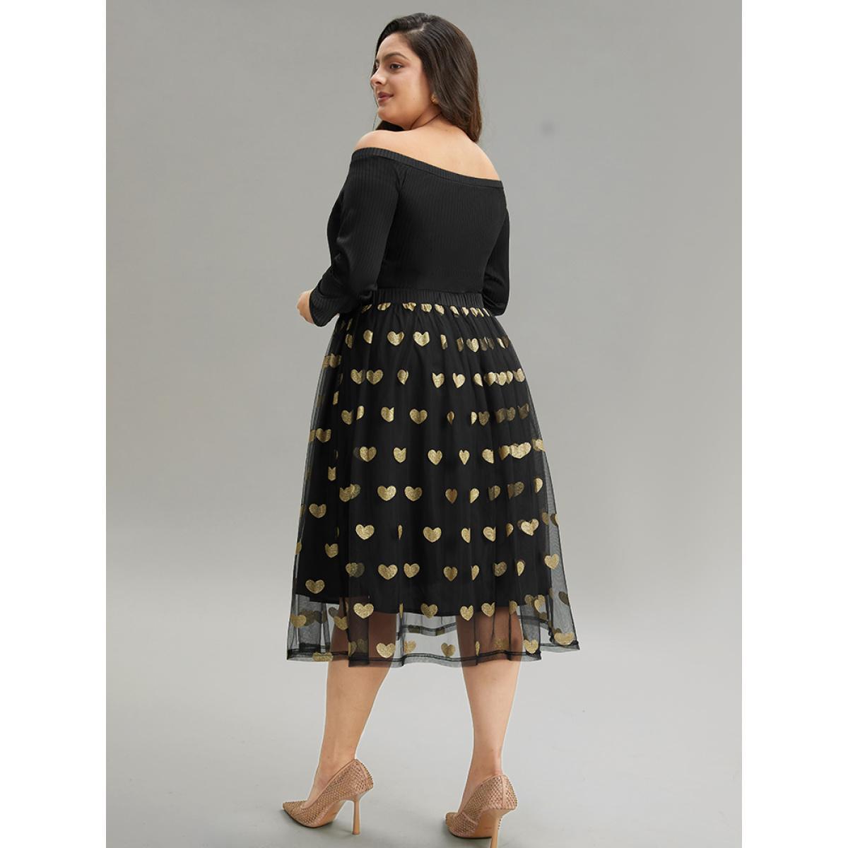 Plus Size Heart Print Rib Knit Button Detail Off Shoulder Dress Black Women Elegant Printed One-shoulder neck Long Sleeve Curvy Midi Dress BloomChic 18-20/2X Product Image
