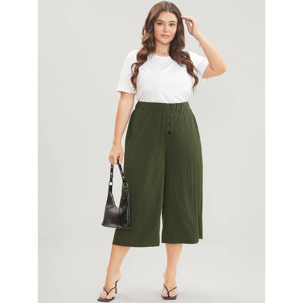 Plus Size Solid Elastic Waist Button Detail Pocket Loose Pants Women ArmyGreen Casual Loose High Rise Work Pants BloomChic 14-16/1X Product Image