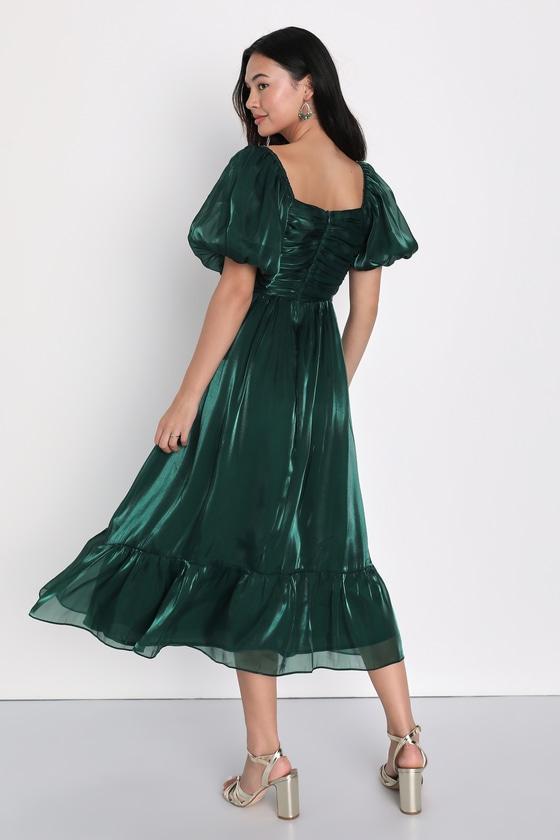 Remarkable Sensation Emerald Green Puff Sleeve Tiered Midi Dress Product Image