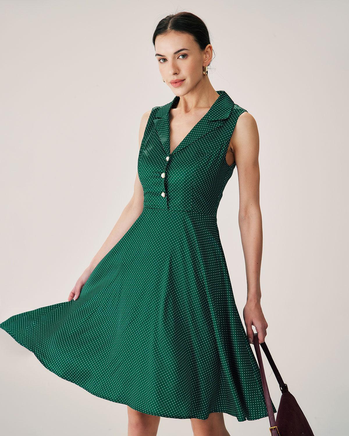 Green Polka Dot Sleeveless Midi Dress Product Image