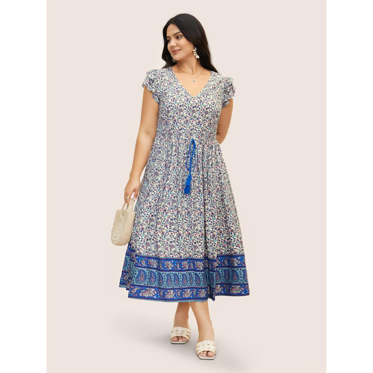 Plus Size Paisley Print Tiered Ruffles Pocket Dress Bluepurple Women Resort Cross straps V-neck Cap Sleeve Curvy BloomChic 22-24/3X Product Image