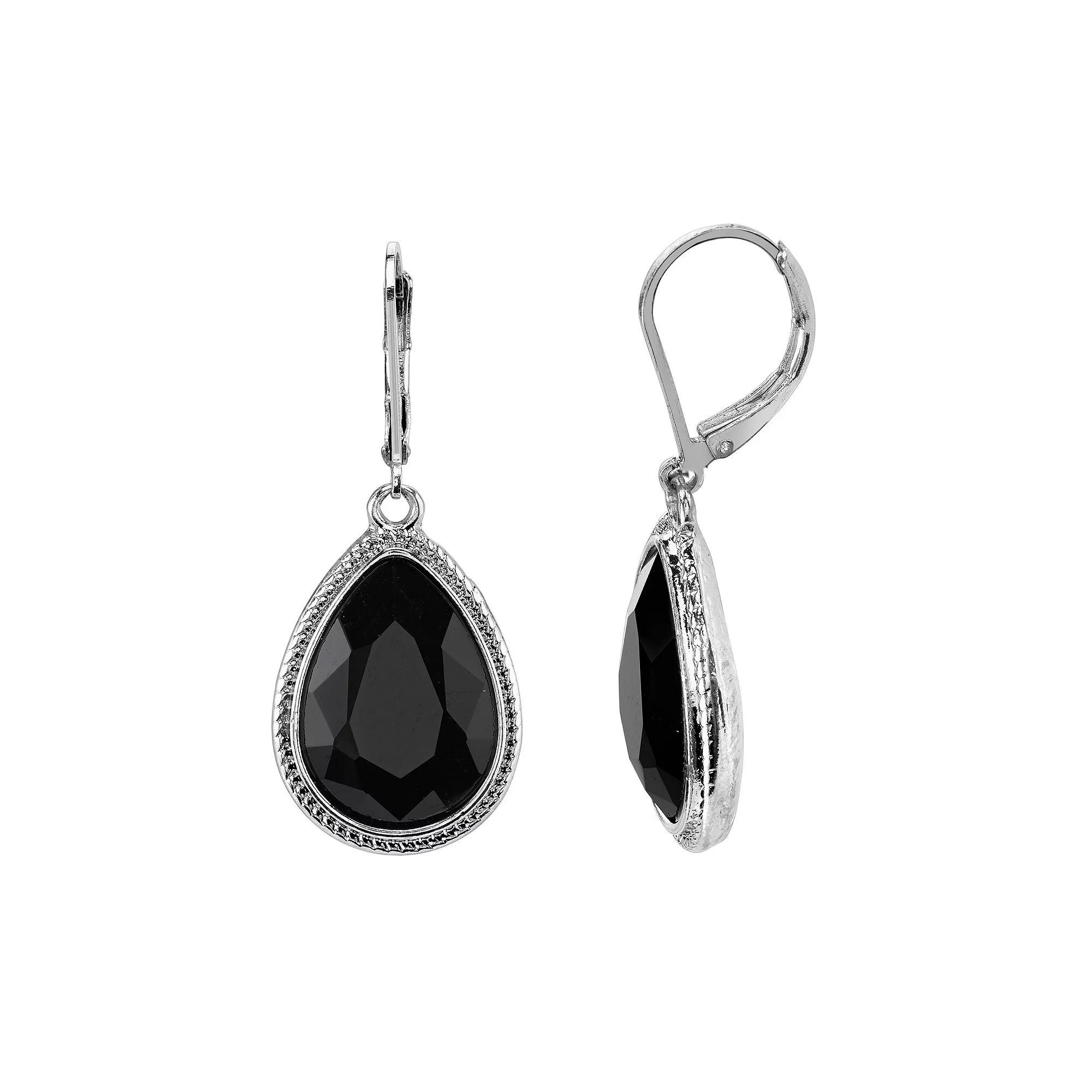 1928 Faceted Stone Teardrop Earrings, Womens, Silver Tone Black Product Image