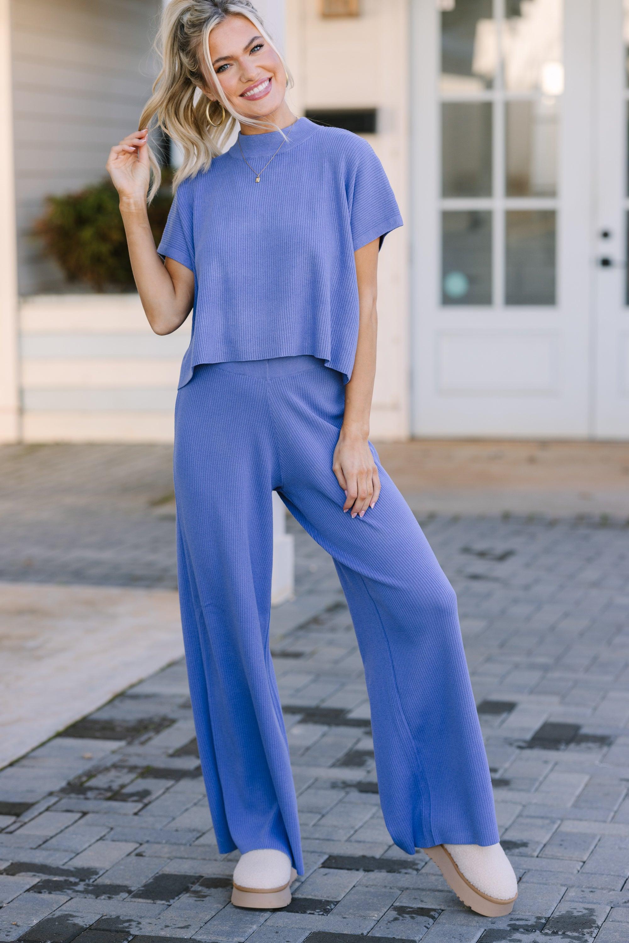 Safe Travels Blue Ribbed Knit Wide Leg Pants Female Product Image
